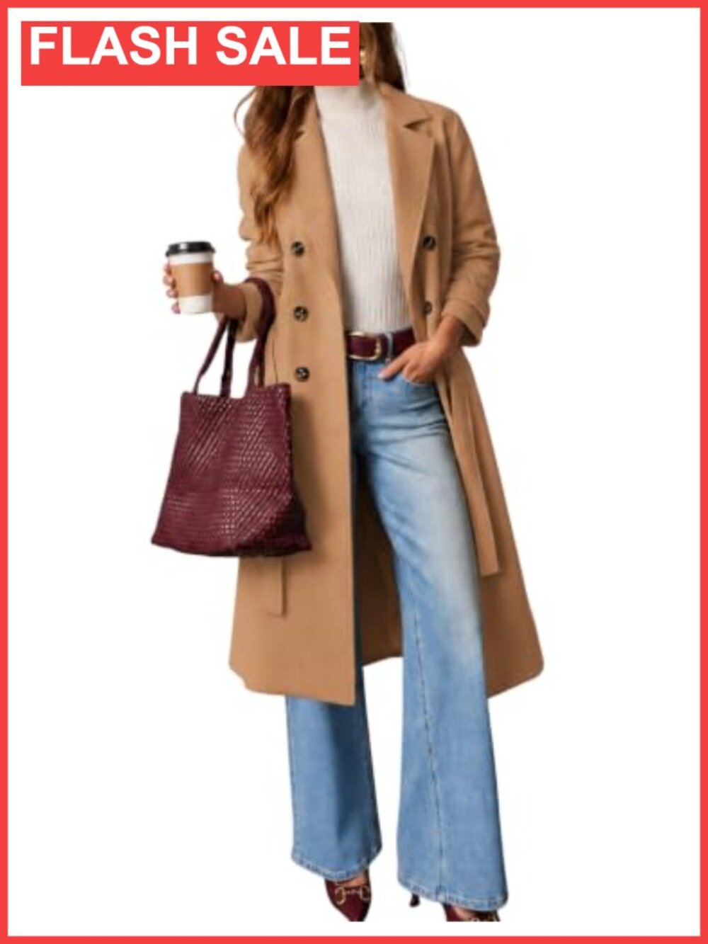 Wool Blend Pea Coat Winter Long Trench Coat Double Breasted Belted